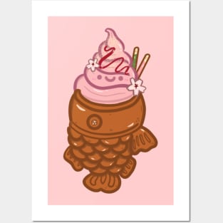 Kawaii Sakura Taiyaki Ice-cream with pocky sticks design sticker Posters and Art
